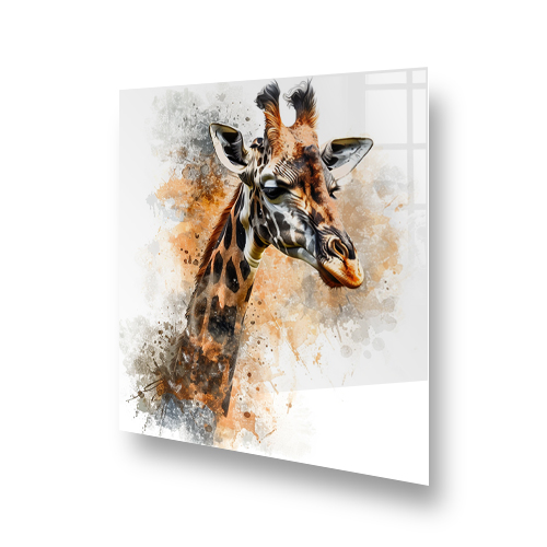 Artistic "Watercolour Splash" giraffe design on kitchen splashback with warm amber and umber tones Side View