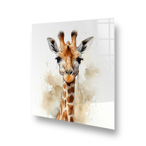 Captivating giraffe splashback art with brown and beige watercolour splashes behind a detailed giraffe face Side View