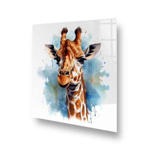 A vibrant kitchen splashback featuring "Blue Watercolour" giraffe with brown spots, a soft gaze, and a watercolour-like blue background. Side View