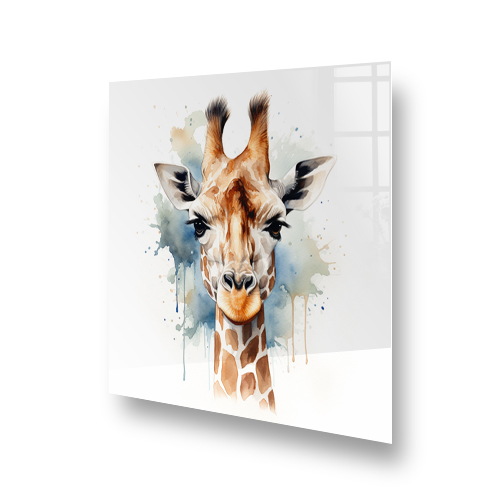 Artistic giraffe splashback with watercolour effect in amber, blue, and grey hues Side View