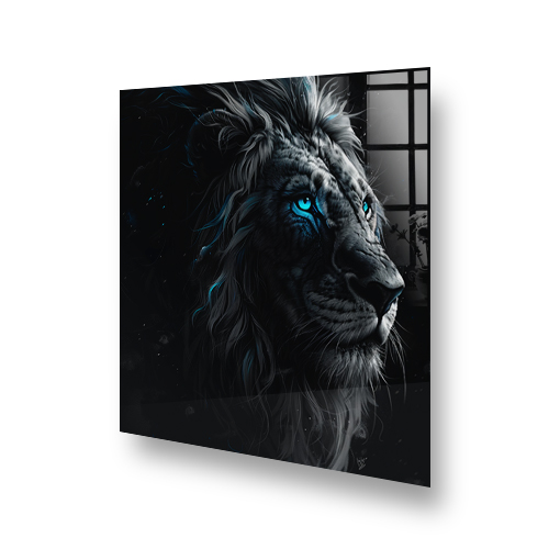 Artistic "Gazing Lion" lion splashback design with blue-eyed lion against a black and grey background Side View