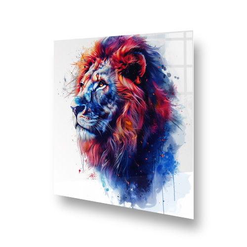 A beautifully crafted colourful lion splashback featuring a lion with a vibrant mane in blue, orange, and purple tones against a pristine white backgr Side View