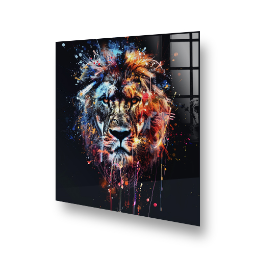 Artistic lion splashback featuring a lion in a colourful splash of blues, yellows, and purples Side View
