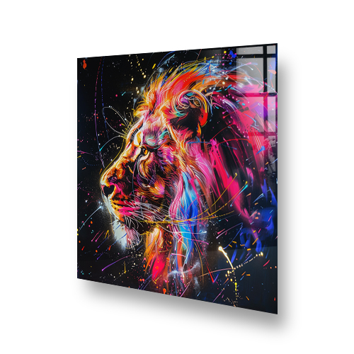 A dynamic and colourful lion splashback art named "Light Strokes" featuring a lions profile against a vivid splash of neon colours on a black backgrou Side View