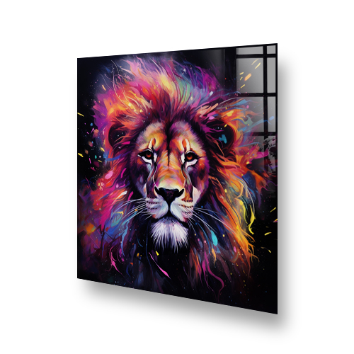 Multicoloured neon watercolour lion printed glass splashback for kitchen Side View