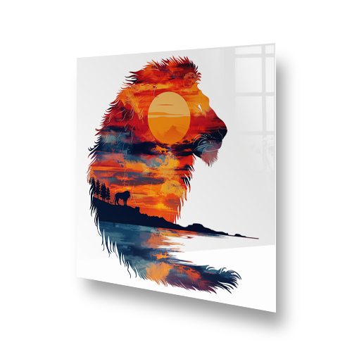 Double Exposure Lion splashback art with sunset and reflection in vibrant warm and cool colours" Side View