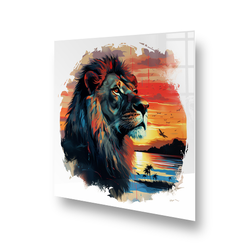 Silhouette Circle lion splashback art with sunset colours and palm tree reflections Side View