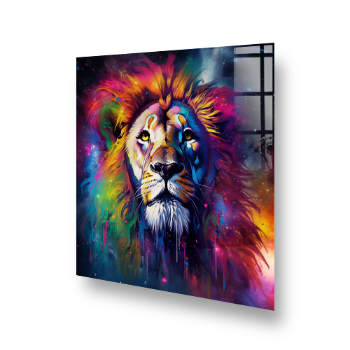 Colourful lion splashback art featuring dripping close-up of regal lion against a cosmic-like multicoloured background Side View