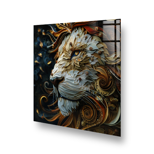 Intricate Lion design on kitchen splashback with detailed mane in ambers and blues Side View