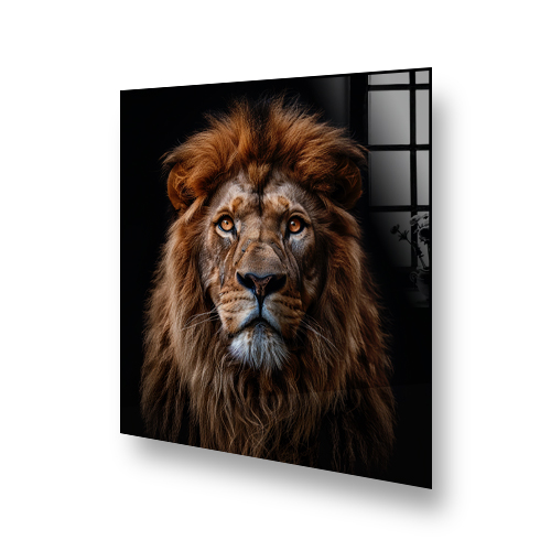 Majestic lion portrait splashback art above cooker, with intense gaze and rich mane colours Side View