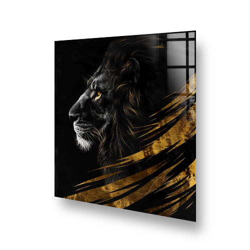 Black and gold lion splashback art over kitchen stove Side View