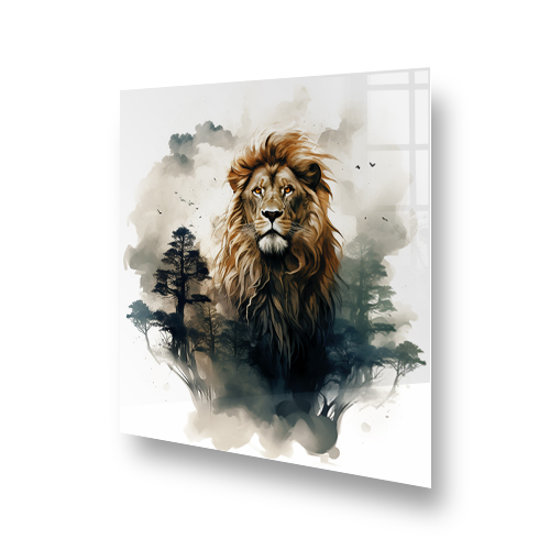 Majestic lions head in watercolour with silhouetted savannah trees on splashback Side View
