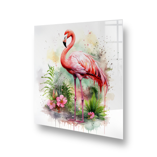Colourful flamingo splashback art in a kitchen, featuring pink flamingo and watercolour floral background with green accents. Side View