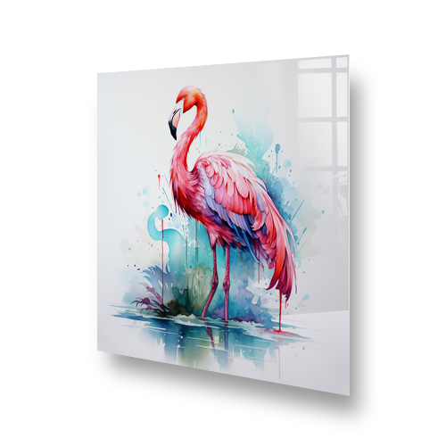 Colourful flamingo splashback artwork above a kitchen hob Side View