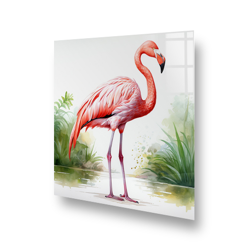 Vibrant watercolour flamingo against a tranquil backdrop on kitchen splashback Side View