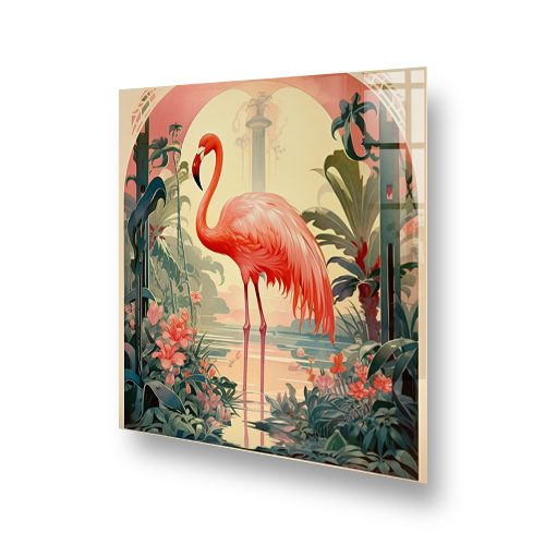 Elegant vintage-style splashback with a pink flamingo among tropical plants and pillars Side View