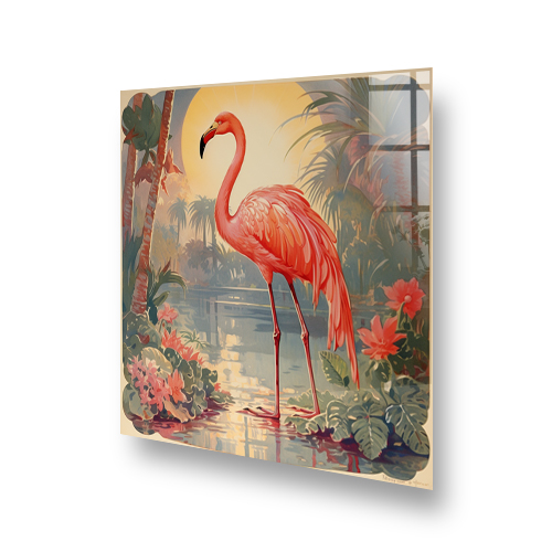 A vibrant and artful "Tropical Vintage Flamingo" depicted on a kitchen splashback against a tropical background with a pink flamingo, lush greenery, a Side View