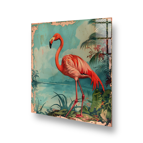 Vintage-style flamingo illustration against a serene lake for kitchen splashback Side View