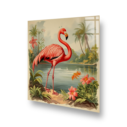 A vibrant and picturesque flamingo and tropical flora "Timeless Vintage" splashback art above a stove. Side View