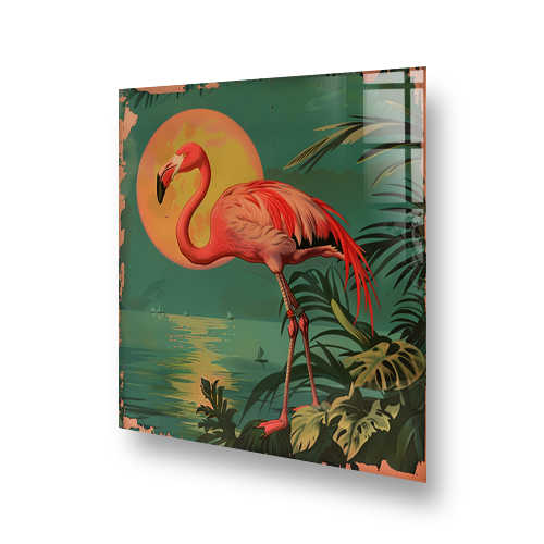 "Vintage Flamingo Sunset" printed splashback with flamingo against tropical backdrop in sunset hues Side View