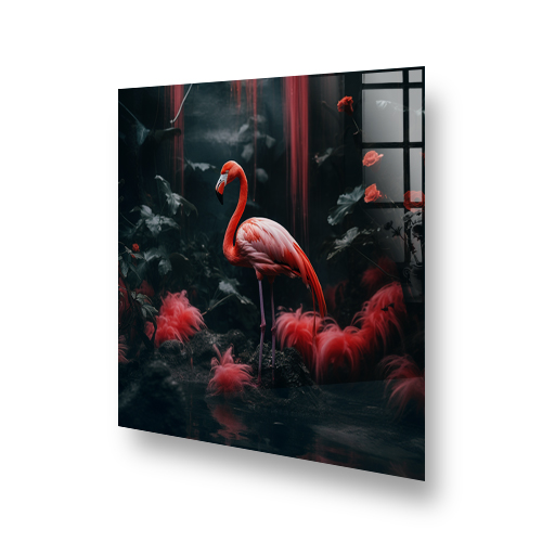 Enchanting flamingo among scarlet splashes on a printed splashback in a kitchen setting Side View