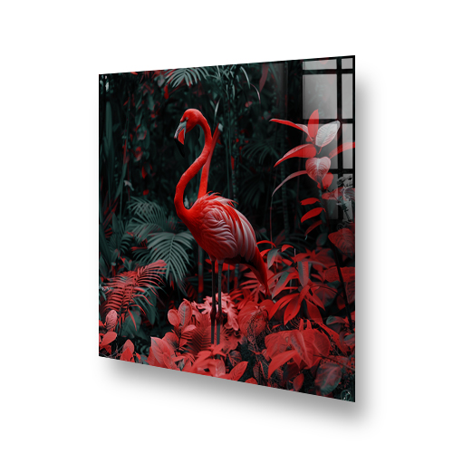 Striking Jungle Flamingo printed splashback with a vibrant pink flamingo against a greyscale tropical backdrop for kitchen decor Side View