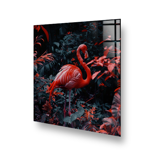 A vibrant coral-pink flamingo against a dark tropical foliage backdrop on a kitchen splashback Side View