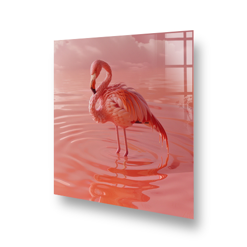 Elegant "Bathing Pink Bliss Flamingo" standing in calm pink waters printed kitchen splashback Side View