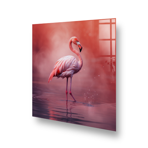Elegant pink flamingo standing in calm waters with a soft pink misty background on a kitchen splashback Side View