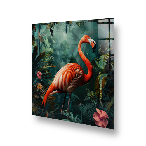 Vibrant flamingo amidst dark tropical foliage printed kitchen splashback art Side View