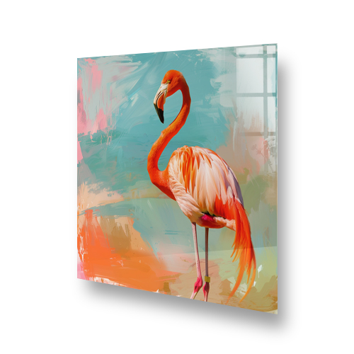 Colourful flamingo painted glass splashback art above cooker hob Side View