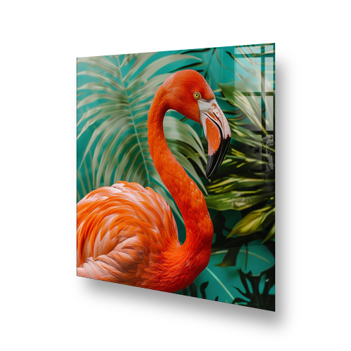 Flamingo splashback art with green tropical leaves backdrop Side View