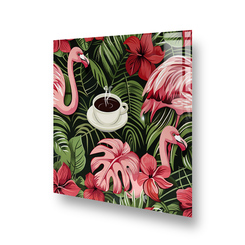 A vibrant coffee and flamingo themed kitchen splashback featuring pink flamingos, green foliage, and a cup of coffee. Side View