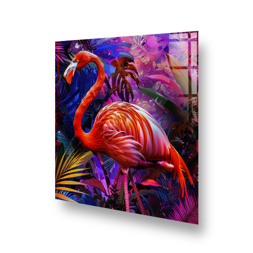 Lush vibrant flamingo amidst colourful tropical foliage on printed kitchen splashback Side View