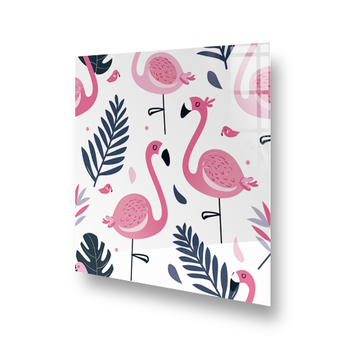Vibrant pink flamingos amidst tropical foliage on a white glass splashback Side View