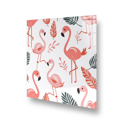 Elegant coral pink flamingos with tropical foliage on a kitchen splashback Side View
