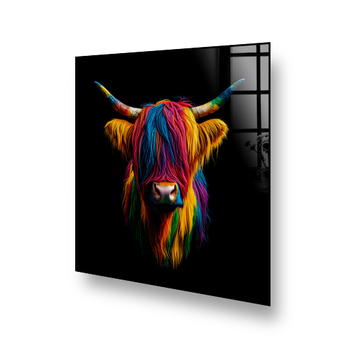 Vibrant, colourful Highland Cow named Pinky on a kitchen splashback with a black background Side View