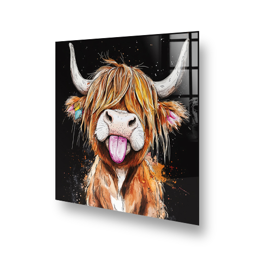 Highland Cow with tongue out, titled "Udderly Unbothered", on a kitchen splashback Side View