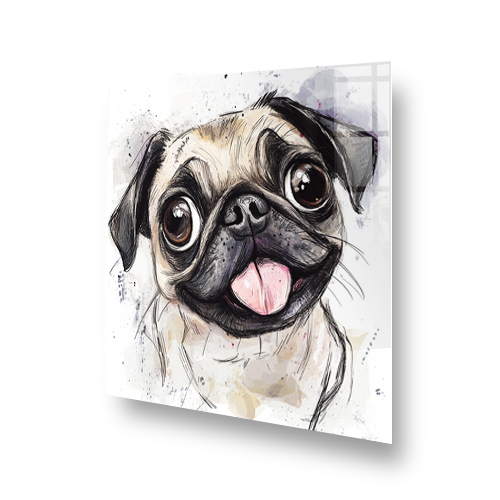 Humorous pug splashback with playful design featuring beige, tan, and black colours. Side View