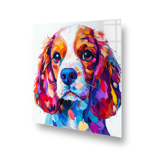 Colourful cocker spaniel splashback art with vibrant reds, oranges, blues, purples, and pinks. Side View