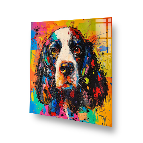 Colourful graffiti-style cocker spaniel splashback artwork in bold reds, blues, oranges, and greens. Side View