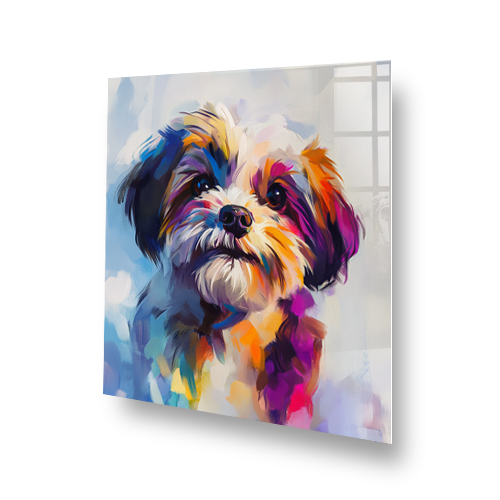 Colourful Shih-Tzu splashback art in blues, oranges, purples, and whites. Side View