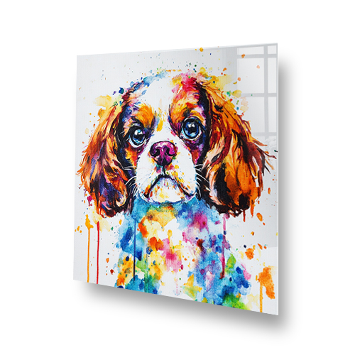 Colourful Cavalier King Charles Spaniel splashback art with vibrant colours. Side View