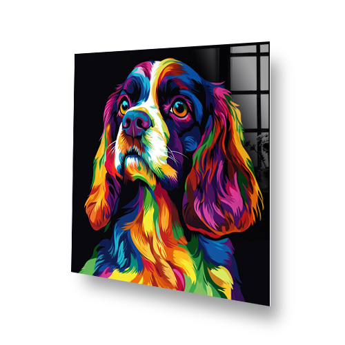 Colourful Cavalier King Charles Spaniel splashback with vibrant neon design. Side View