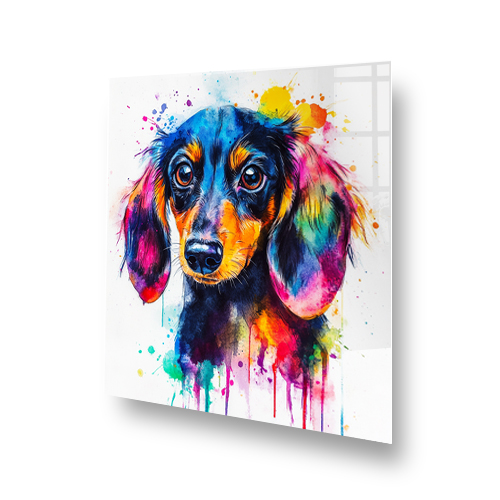 Colourful Drippy Dachshund splashback art with vibrant blue, orange, pink, yellow, and green splashes. Side View
