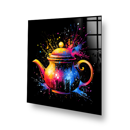 Vibrant teapot splash art with colourful splatter design on a black background Side View
