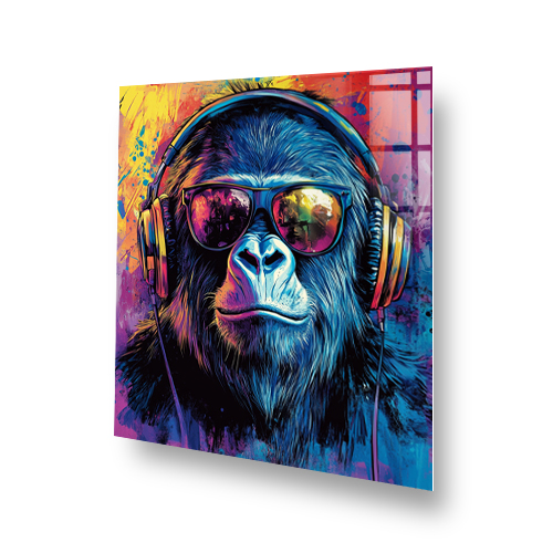 Gorilla wearing sunglasses and headphones in vibrant pop art style with colourful background. Side View