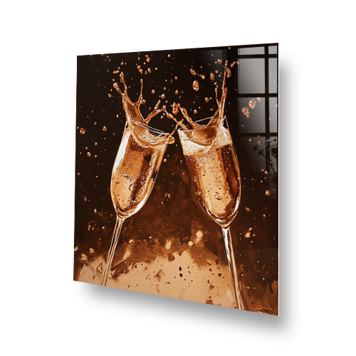 Art of clinking Champagne Flutes with golden splash. Featured on a rich dark brown background Side View