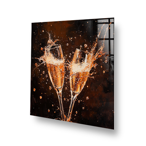 Two champagne flutes with splashing liquid on a dark background, showcasing a dynamic and elegant art style. Side View