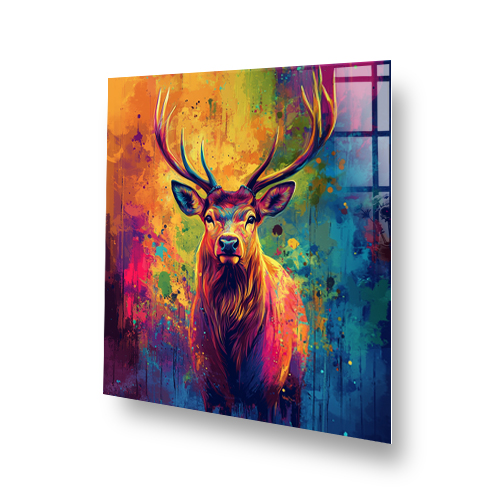 Colourful digital art stag splashback with abstract rainbow background Side View